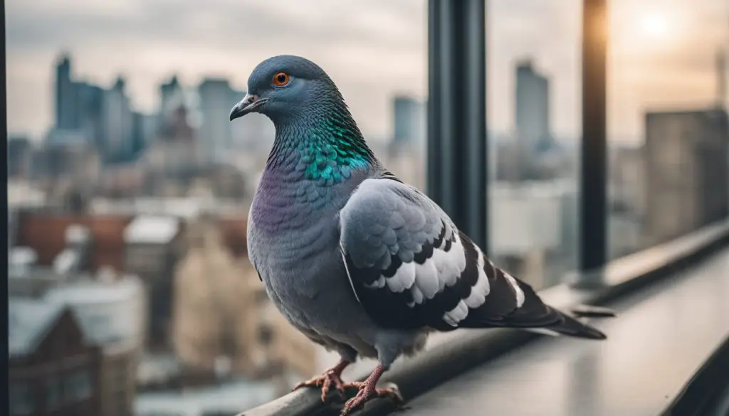 pigeon close-up on ledge with cityscape background