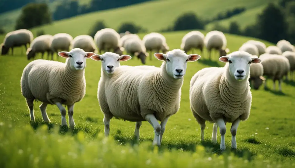 group of sheep in a green pasture on a sunny day