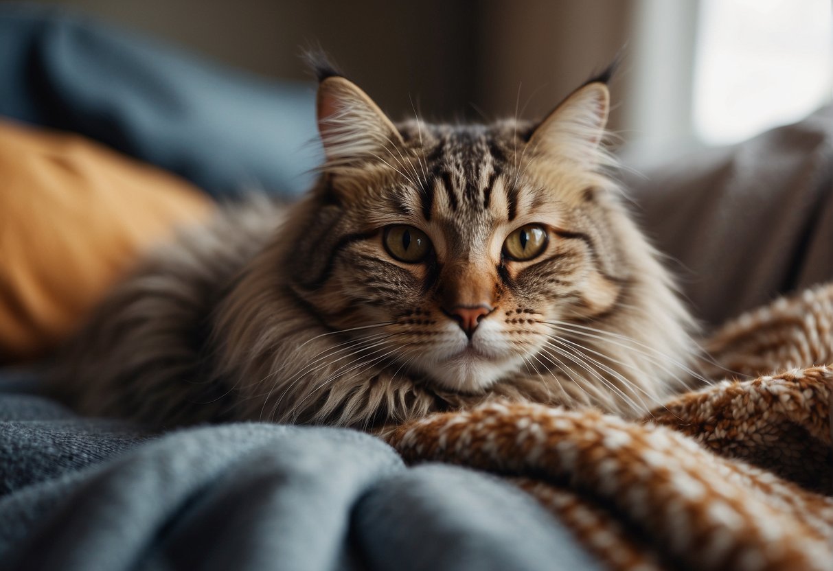 A cozy pile of clothes on a soft, textured surface. A fluffy cat lounges comfortably, seeking warmth and comfort in the familiar scent of its owner