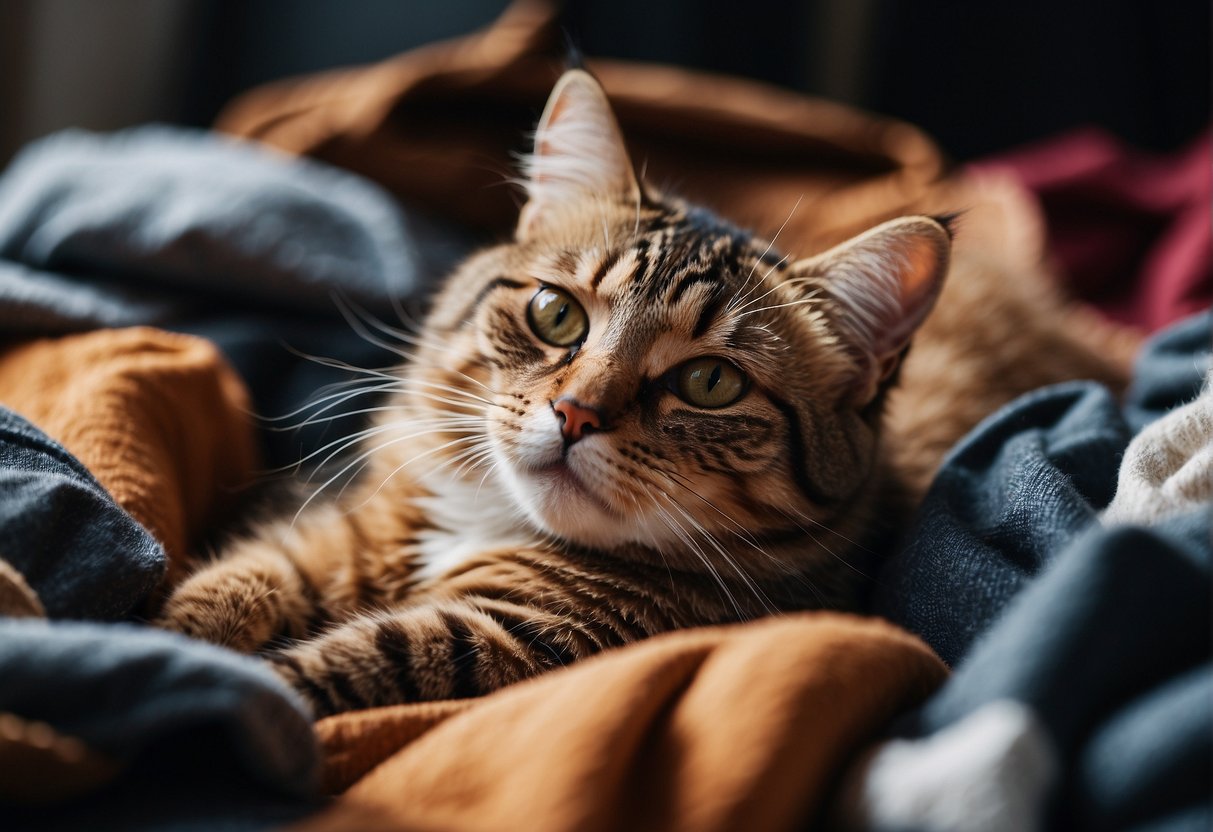 A cat lounges on a pile of clothes, basking in the warmth and comfort of the familiar scent