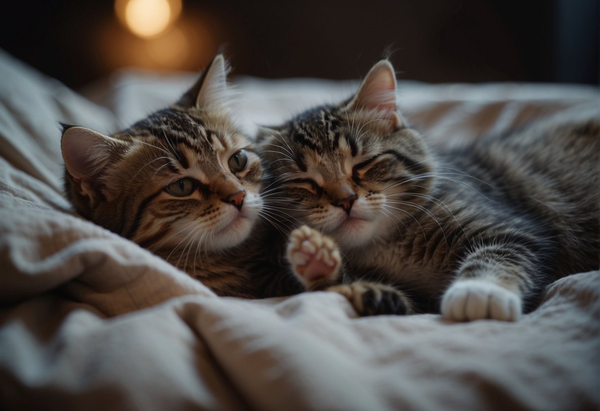 A grieving mother cat nudges her lifeless kitten, surrounded by soft bedding and dim lighting