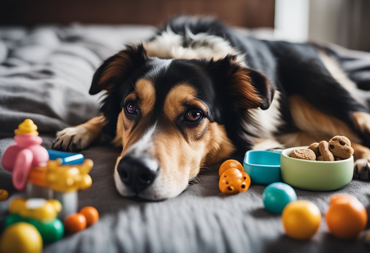 A dog lying on a cozy bed, surrounded by toys and treats. A concerned owner holding a bottle of water and a bowl, with a thermometer nearby